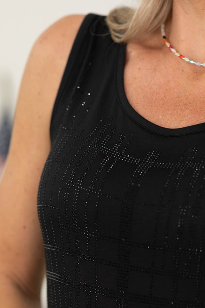 Black Deep Round Rhinestone Tank Top
