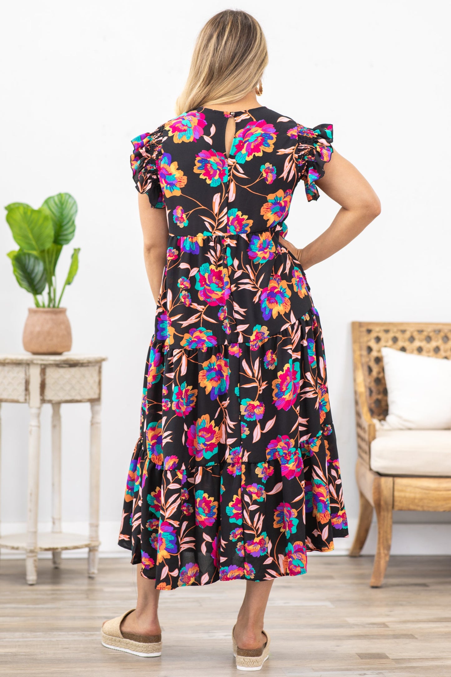 Black Smocked Ruffle Frill Short Sleeve Dress