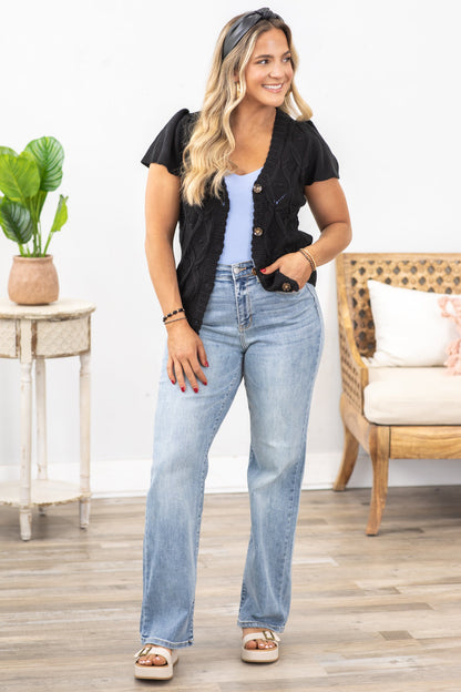 Black Crochet Button Up Short Sleeve Knit Top