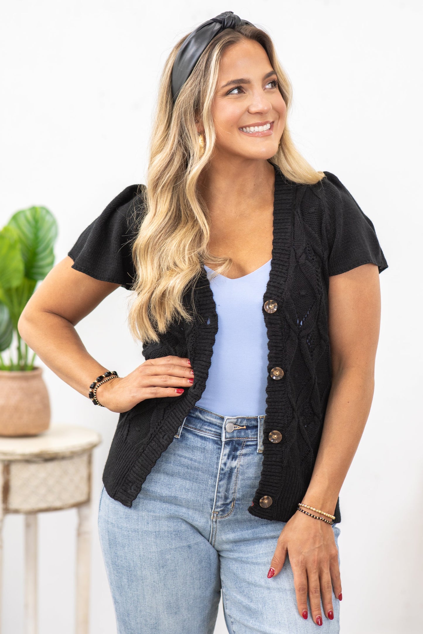 Black Crochet Button Up Short Sleeve Knit Top