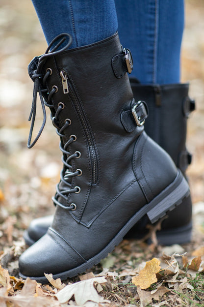 Black Lace Up Boots With Buckle Detail