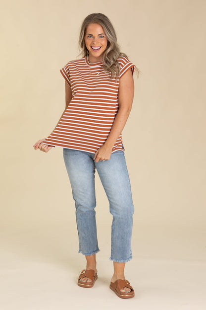 Basic Cap Sleeves Striped Knit Tops