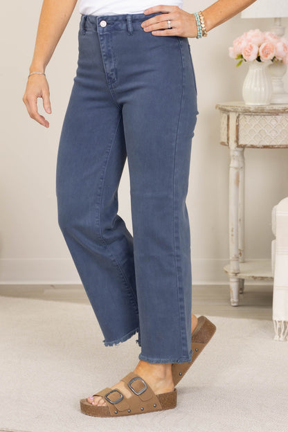 Acid Wash Frayed Hem Straight Wide Pants