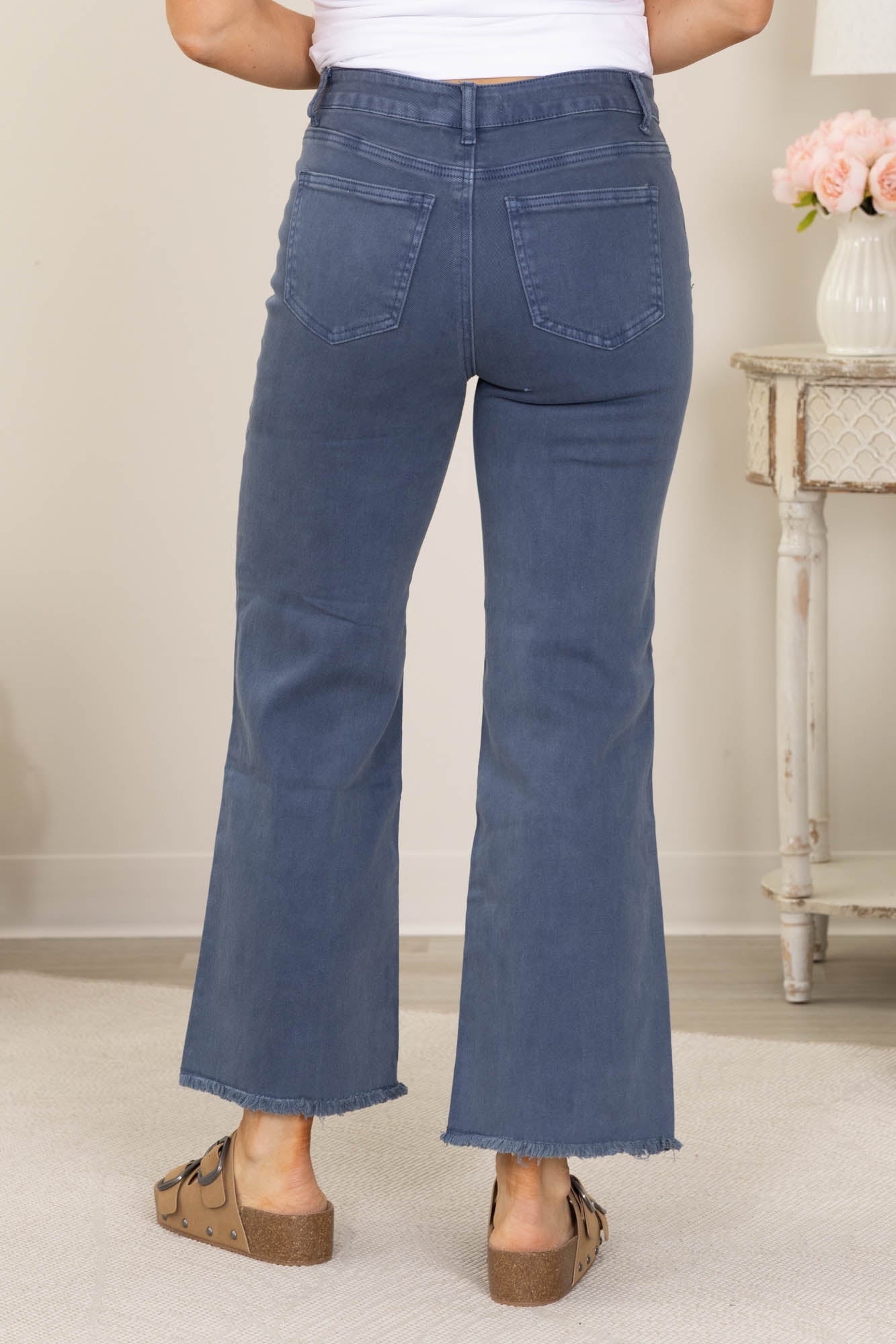 Acid Wash Frayed Hem Straight Wide Pants