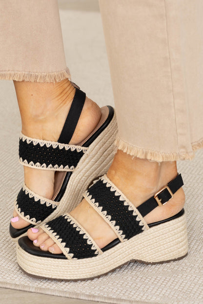 Black Two Band Jute Wedge Platform Sandal