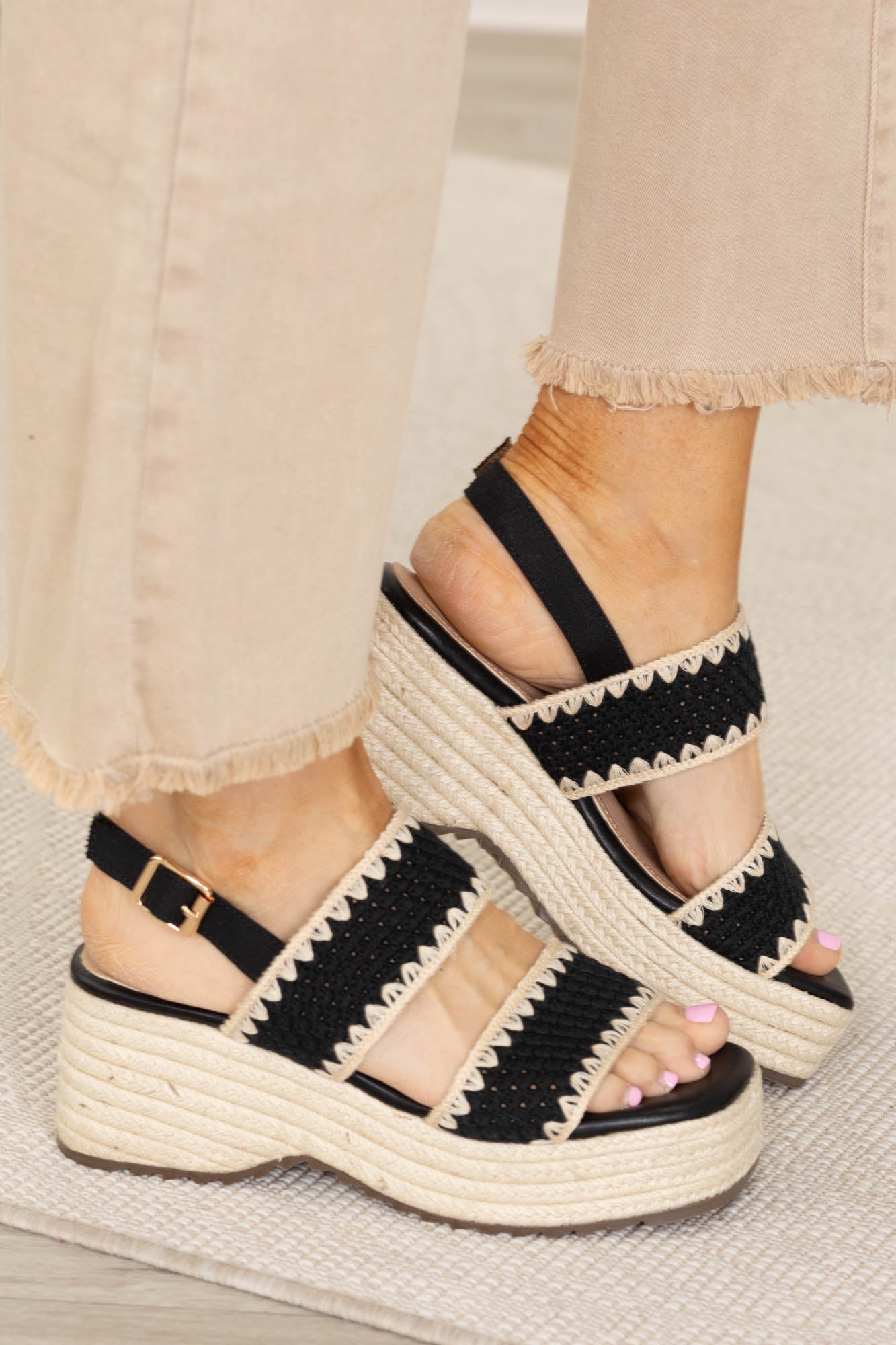 Black Two Band Jute Wedge Platform Sandal
