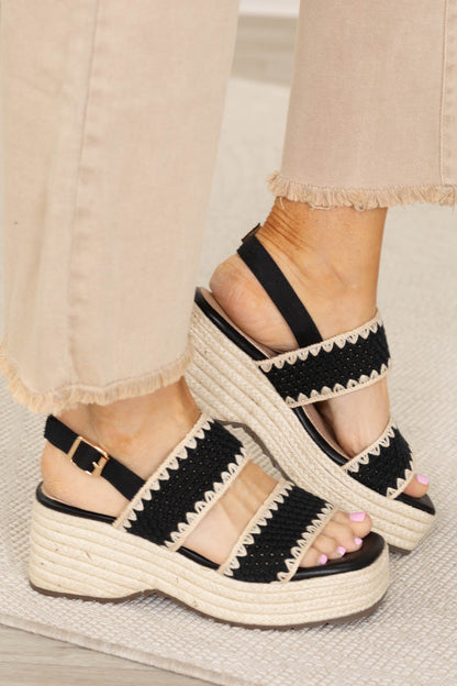 Black Two Band Jute Wedge Platform Sandal