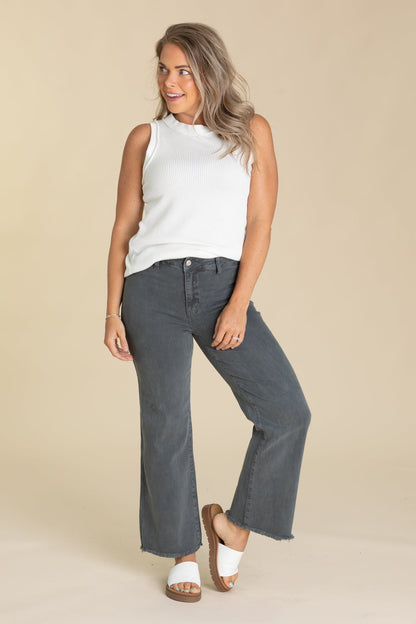 Acid Wash Frayed Hem Straight Wide Pants