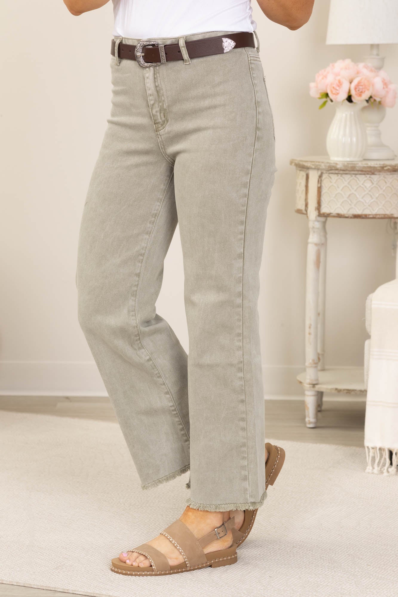 Acid Wash Frayed Hem Straight Wide Pants