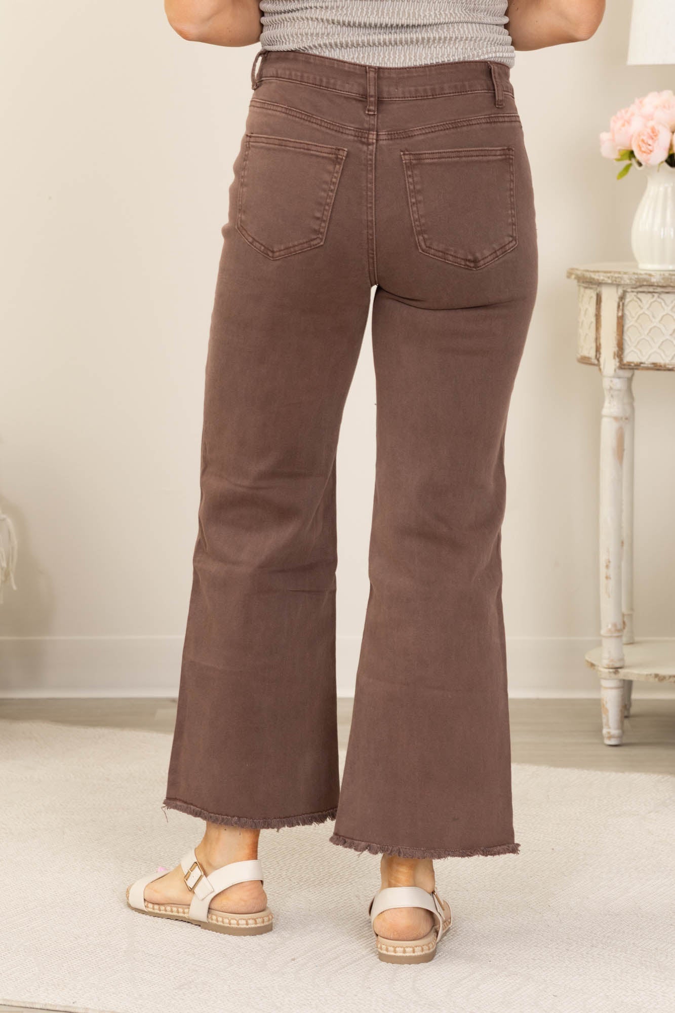 Acid Wash Frayed Hem Straight Wide Pants