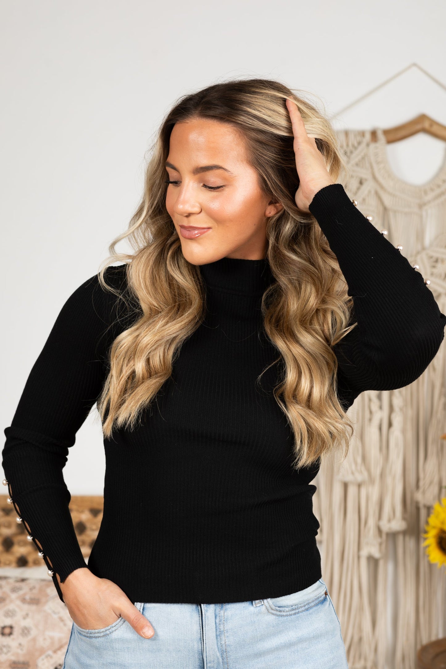 Black Beaded Pearl Arm Cutout Knit Sweater Top