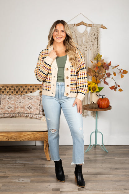 Beige Multicolor Button Knit Cardigan