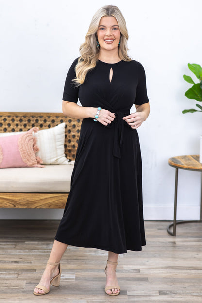 Black Self Tie Short Sleeve Midi Dress