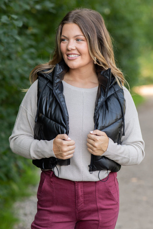 Black Hooded Channel Quilted Puffer Vest