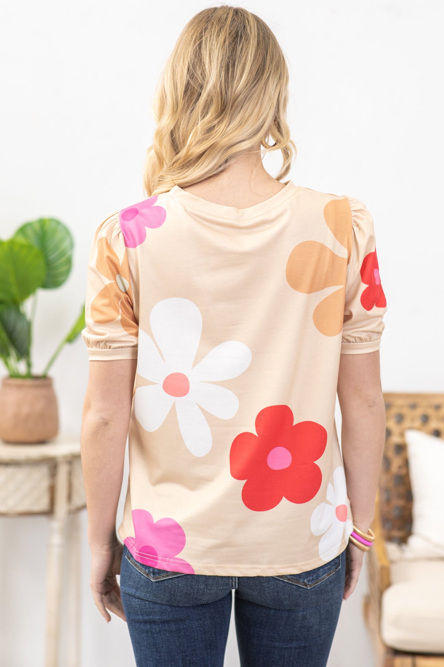 Beige Floral Bubble Short Sleeve Knit Top