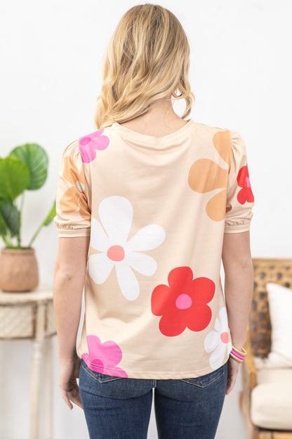 Beige Floral Bubble Short Sleeve Knit Top