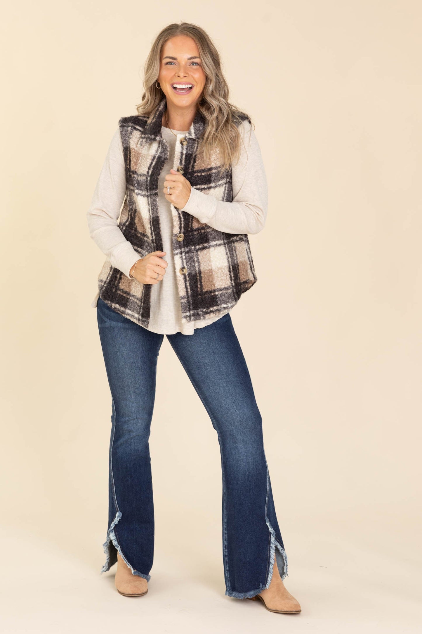 Black And Ivory Boucle Plaid Vest