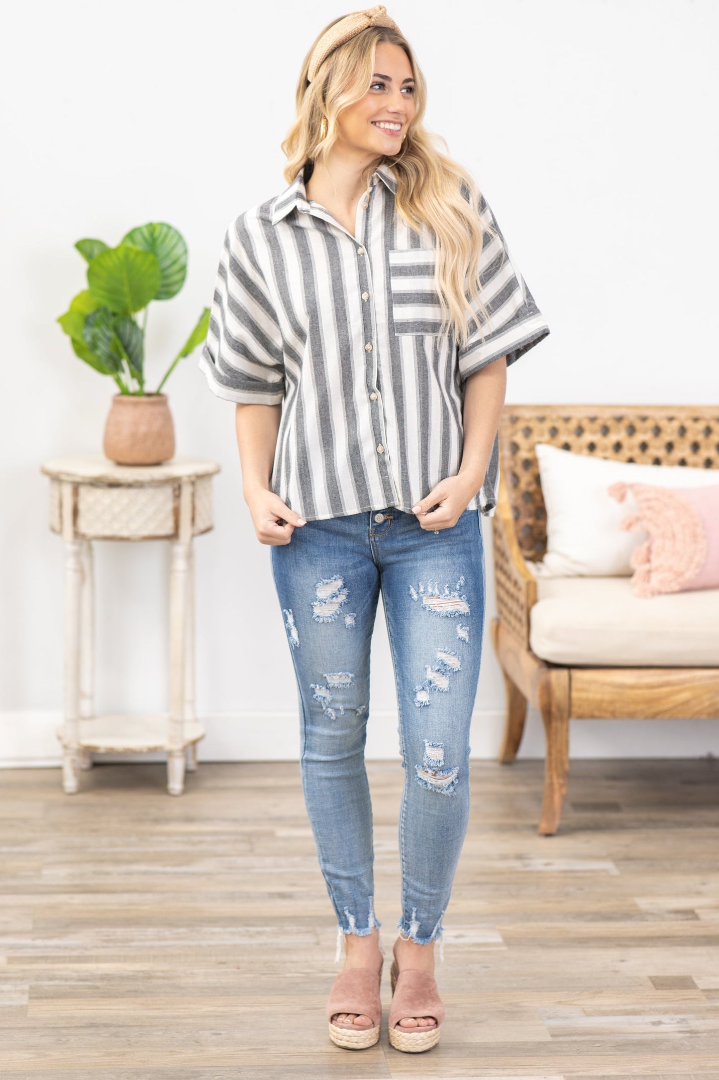 Black Stripe Dolman Sleeve Button Up Woven Top