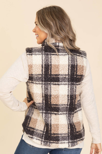 Black And Ivory Boucle Plaid Vest