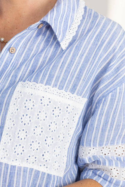 Blue and White Stripe Top With Lace Trim