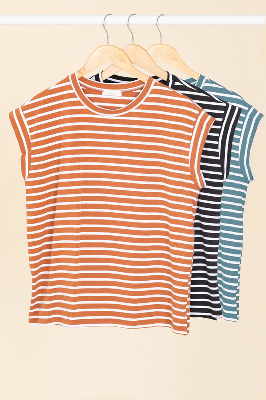 Basic Cap Sleeves Striped Knit Tops