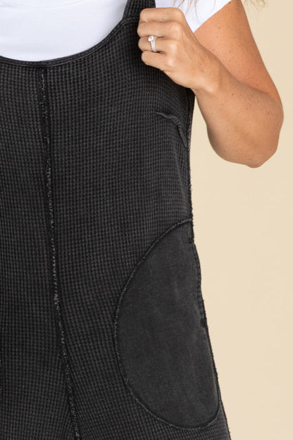 Black Ribbon Back Waffle Overall Jumpsuit