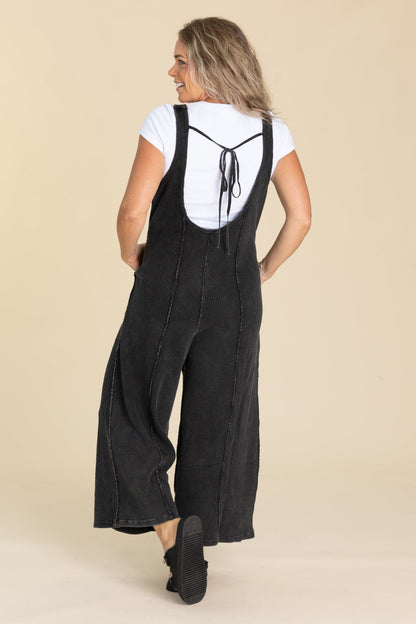 Black Ribbon Back Waffle Overall Jumpsuit