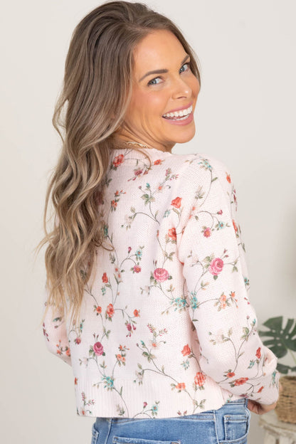 Blush Floral Print Button Front Sweater Cardigan