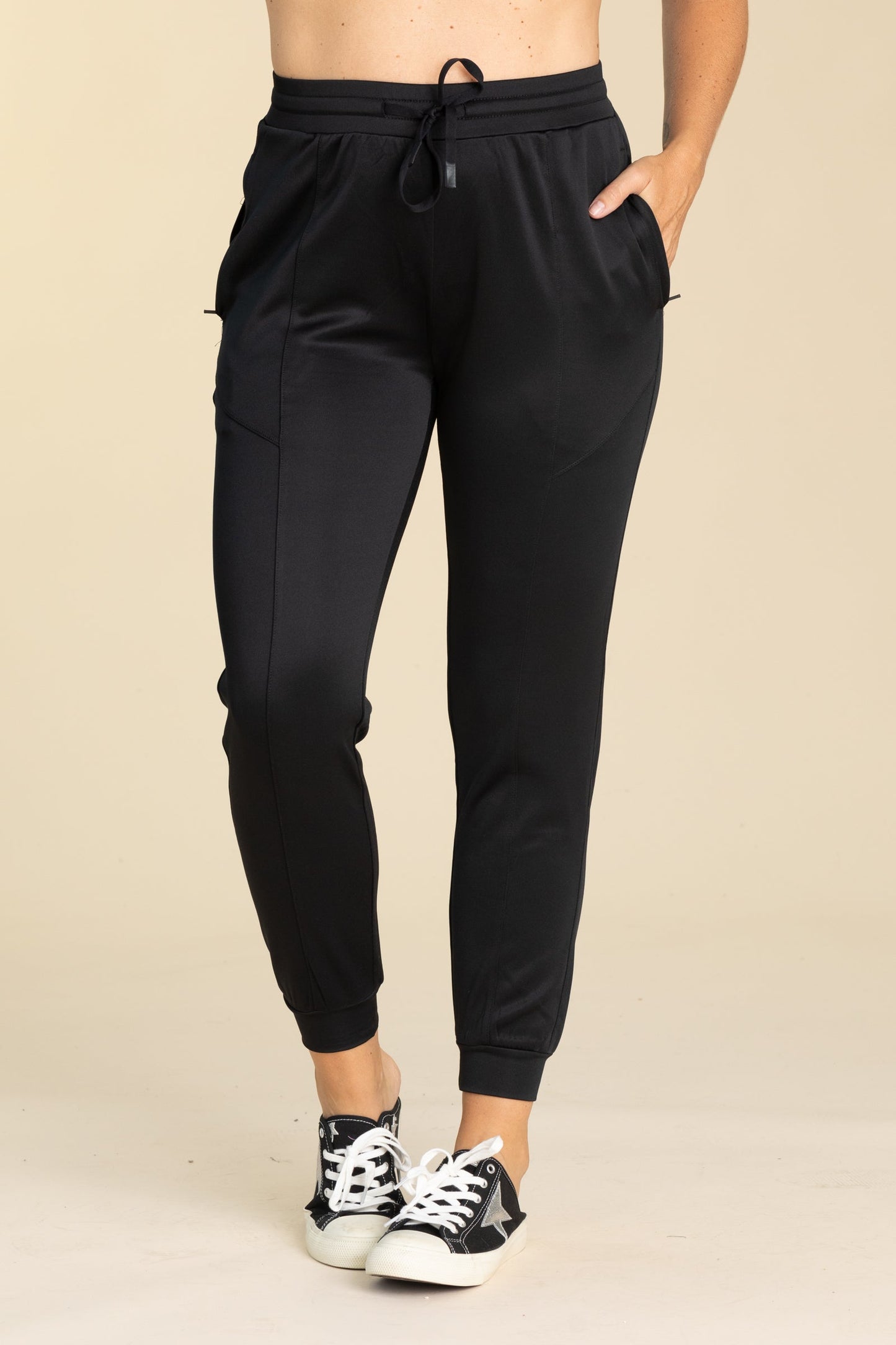 Black Cuffed Joggers With Zippered Pockets