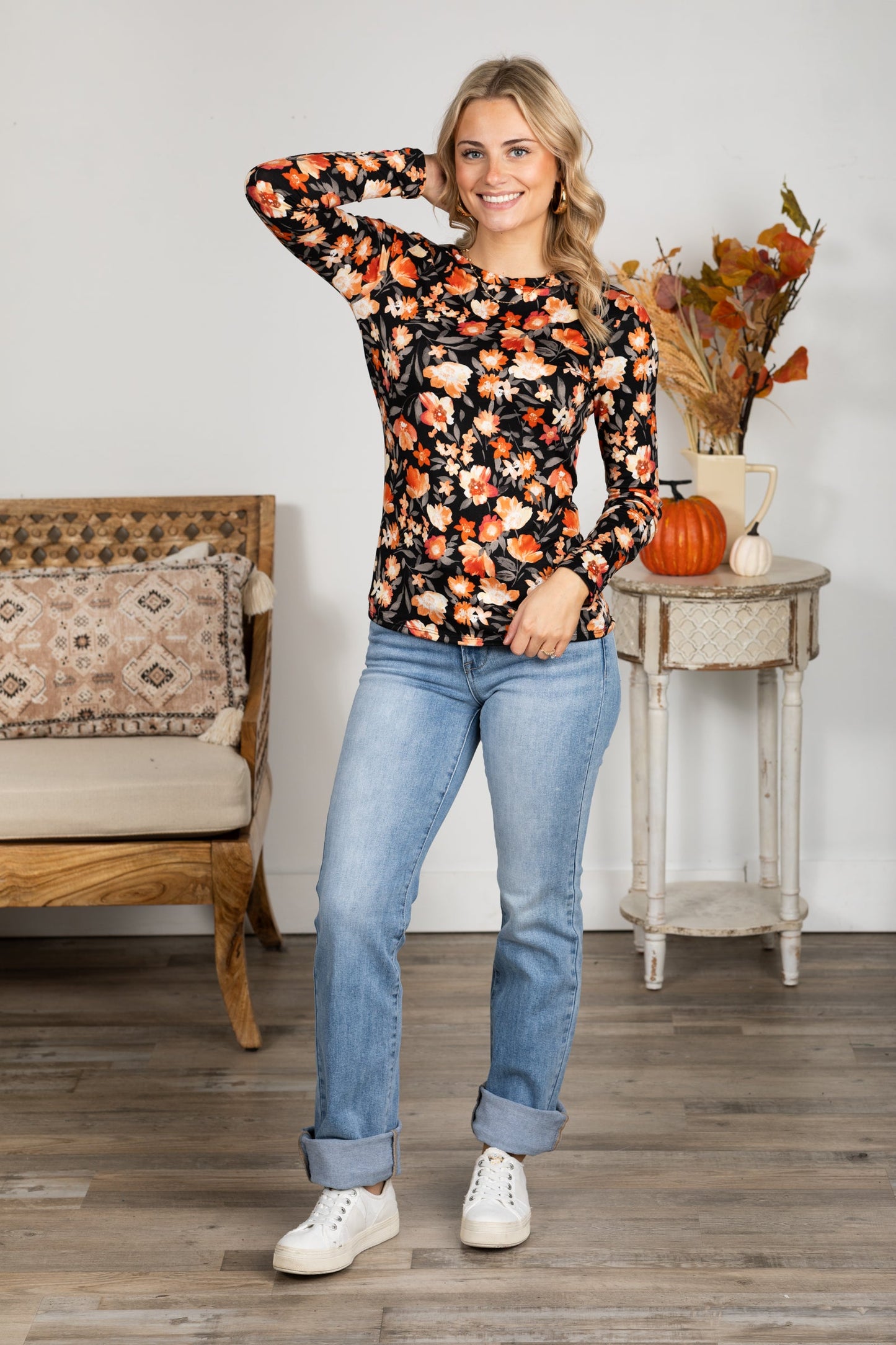 Black Buttery Soft Long Sleeve Floral Knit Top