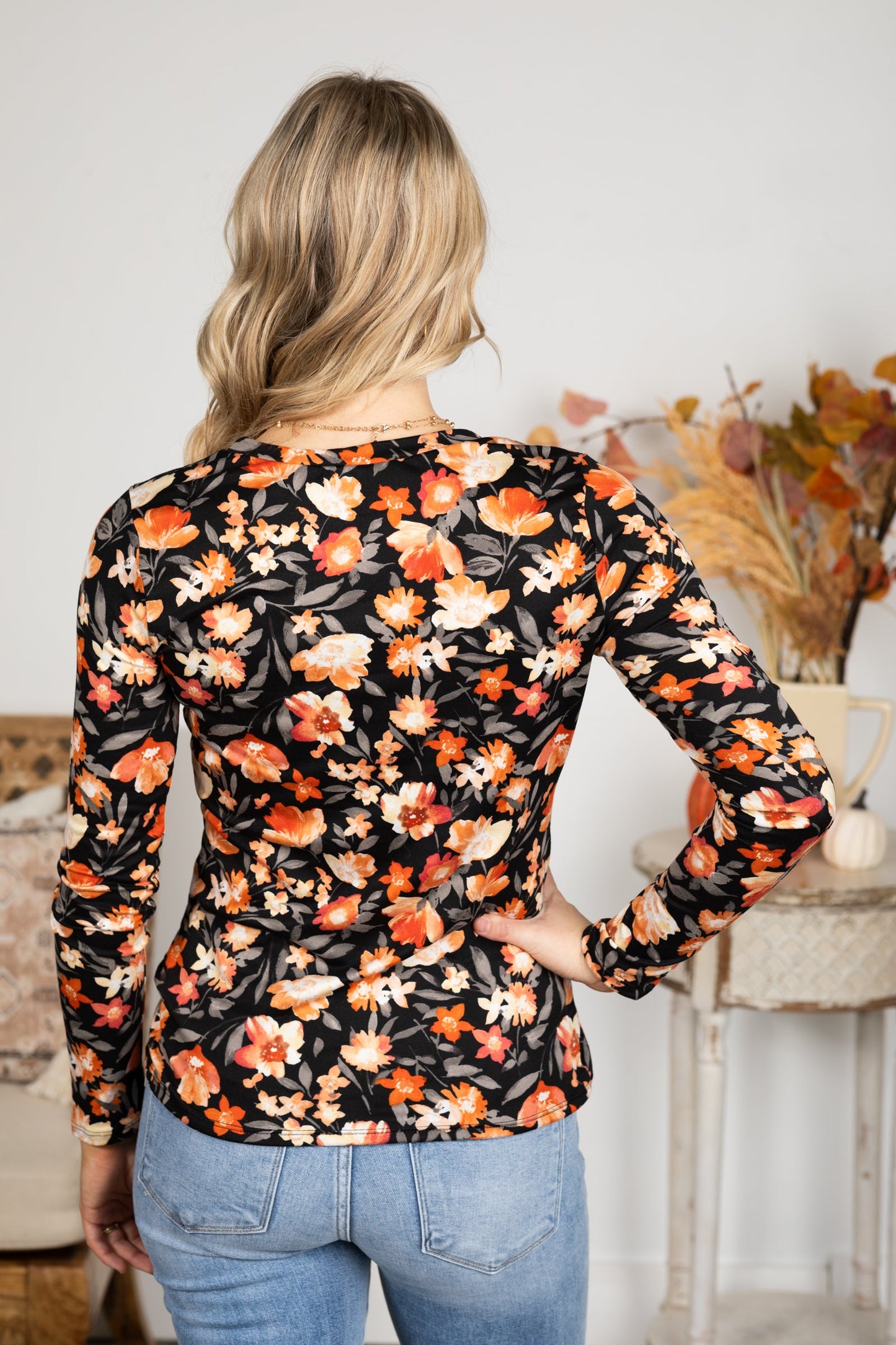 Black Buttery Soft Long Sleeve Floral Knit Top