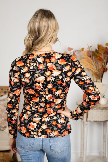 Black Buttery Soft Long Sleeve Floral Knit Top