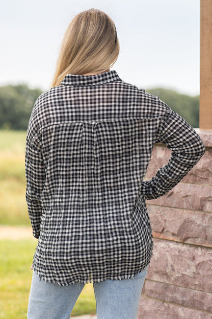 Black Collared Button-Up With Raw Hem