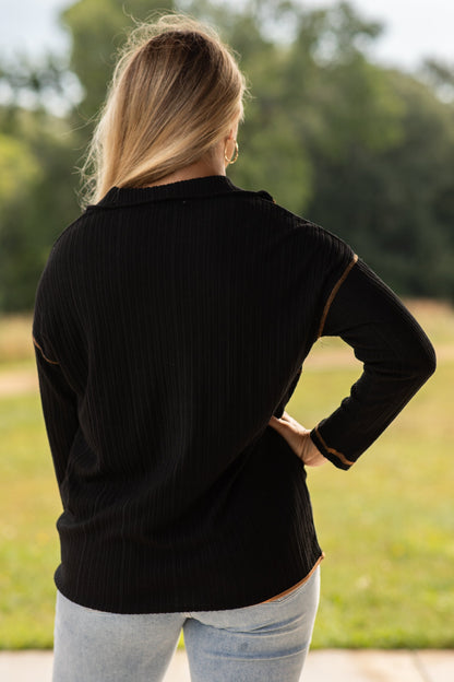 Black And Camel Ribbed Quarter Zip