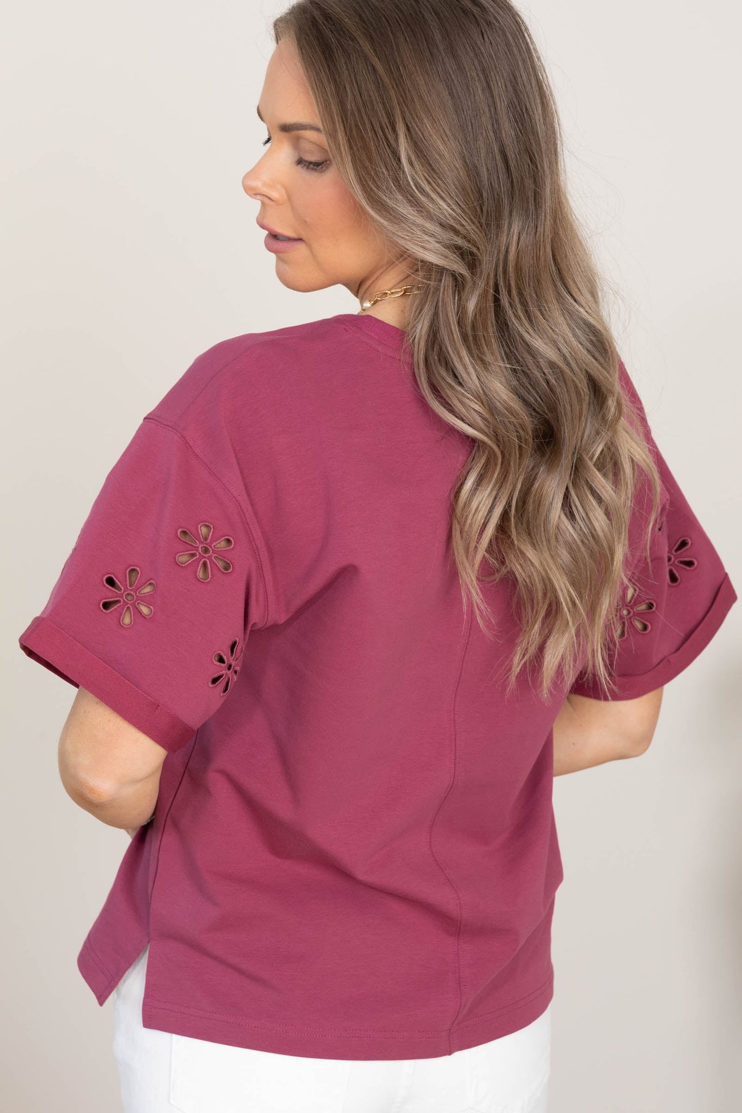 Berry Short Sleeve Cut Out Floral Knit Top