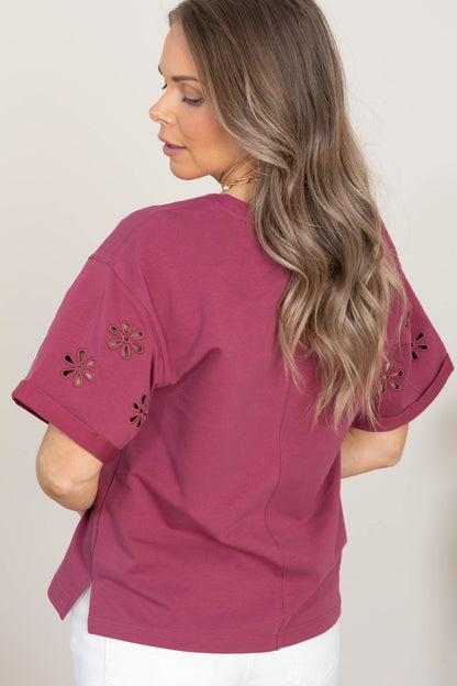 Berry Short Sleeve Cut Out Floral Knit Top