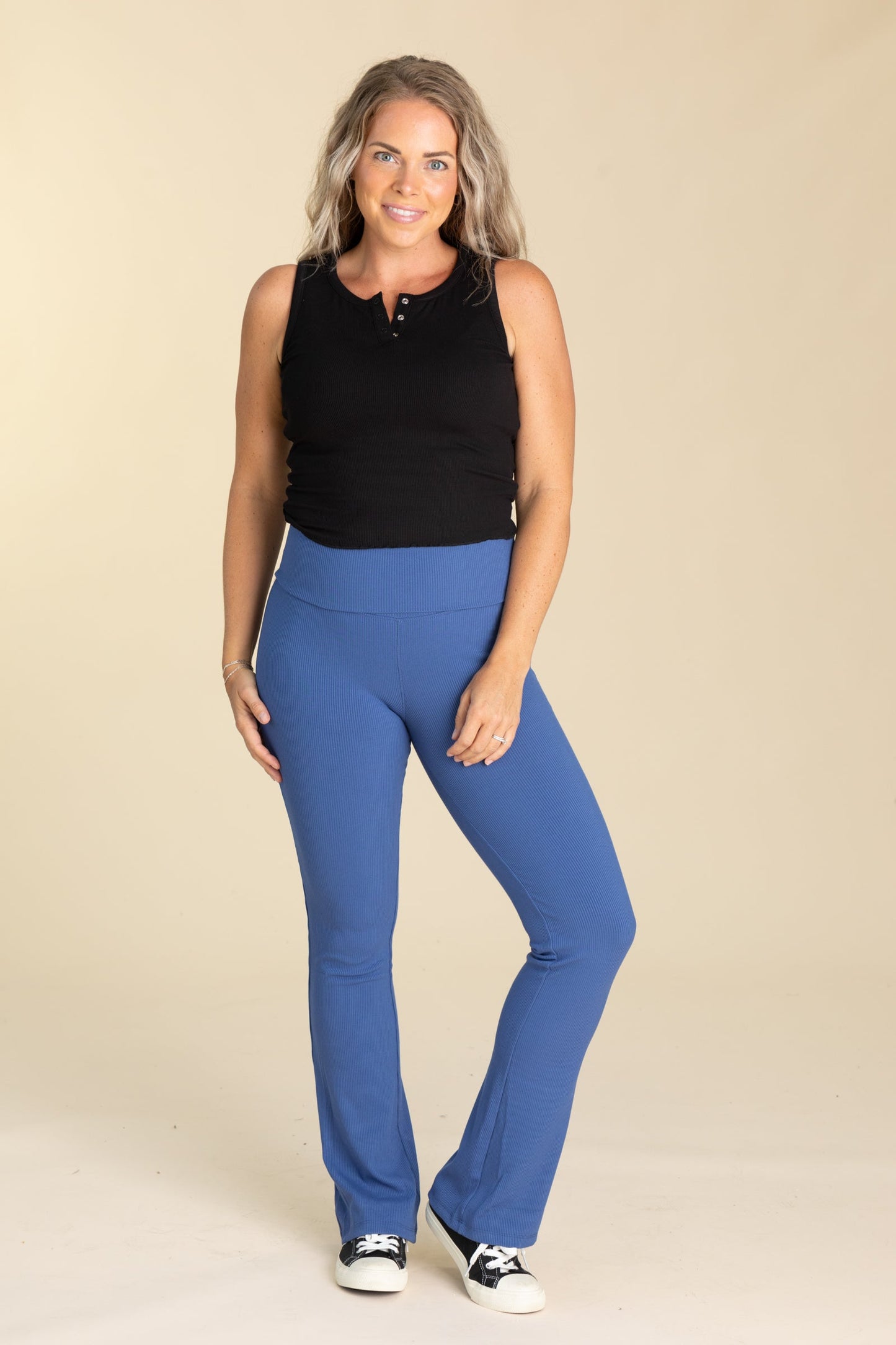 Blue Ribbed Foldover Waist Lounge Flare Pants