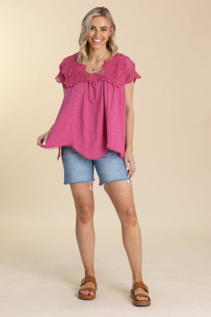 Berry Lace Short Sleeve Cotton Slub Knit Top