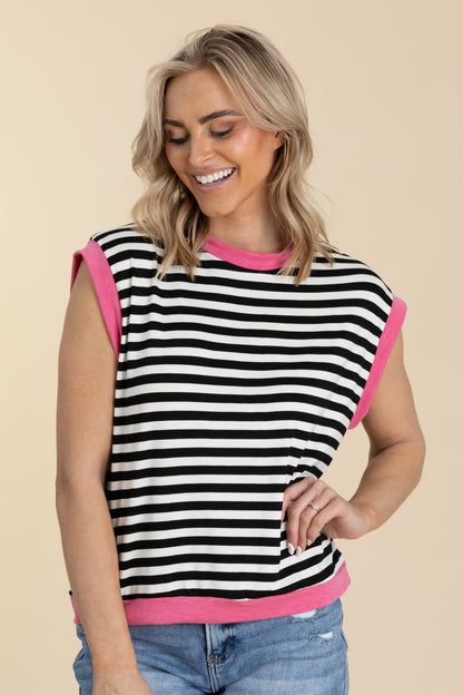 Black Stripe Knit Top With Pink Trim