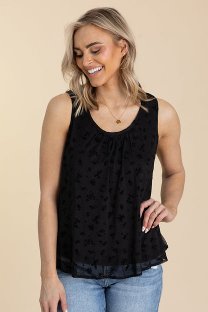 Black Woven Floral Print Mesh Tank