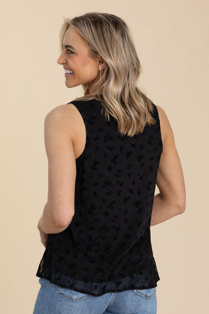 Black Woven Floral Print Mesh Tank