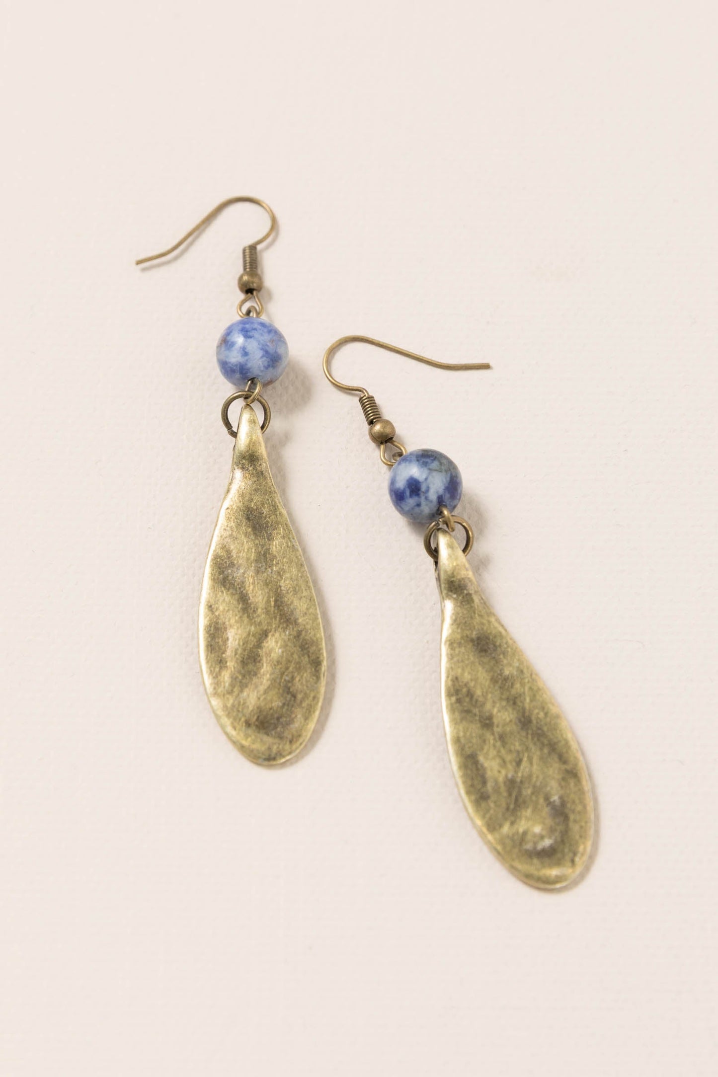 Blue Bead Bronze Fish Hook Earrings
