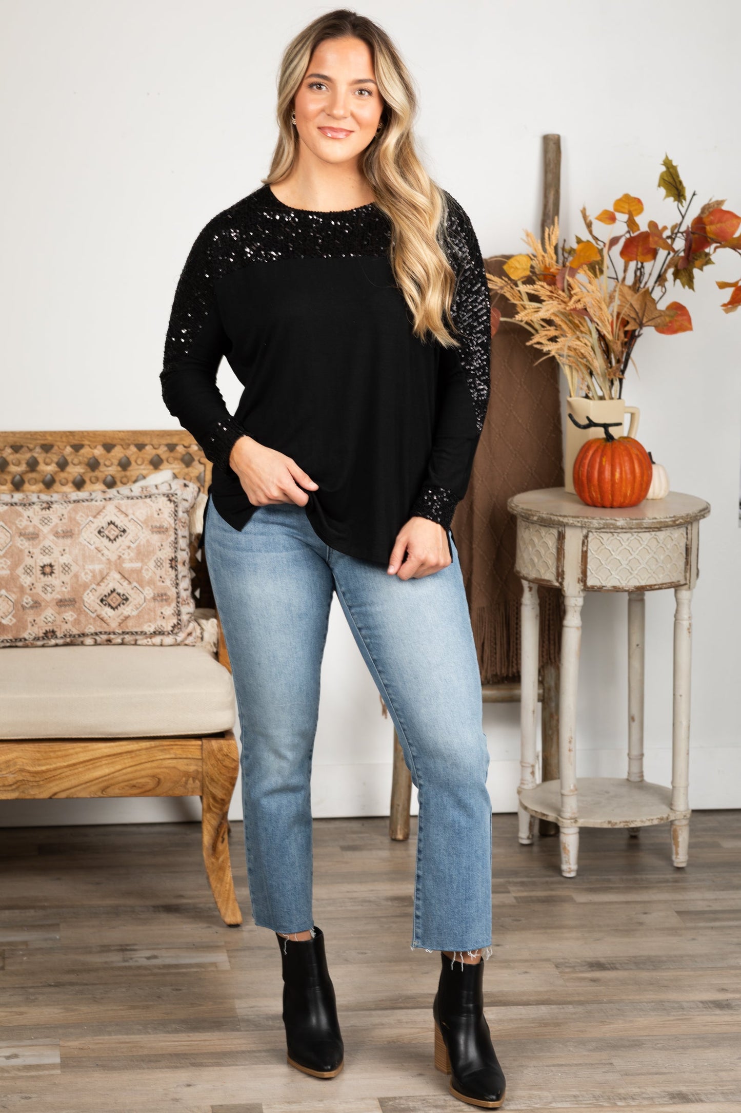 Black Sequin Long Sleeve Knit Top