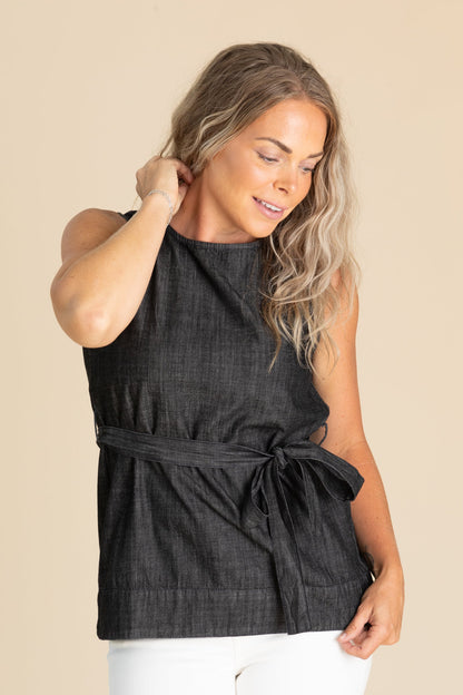 Black Denim Top With Belt Tie Waist