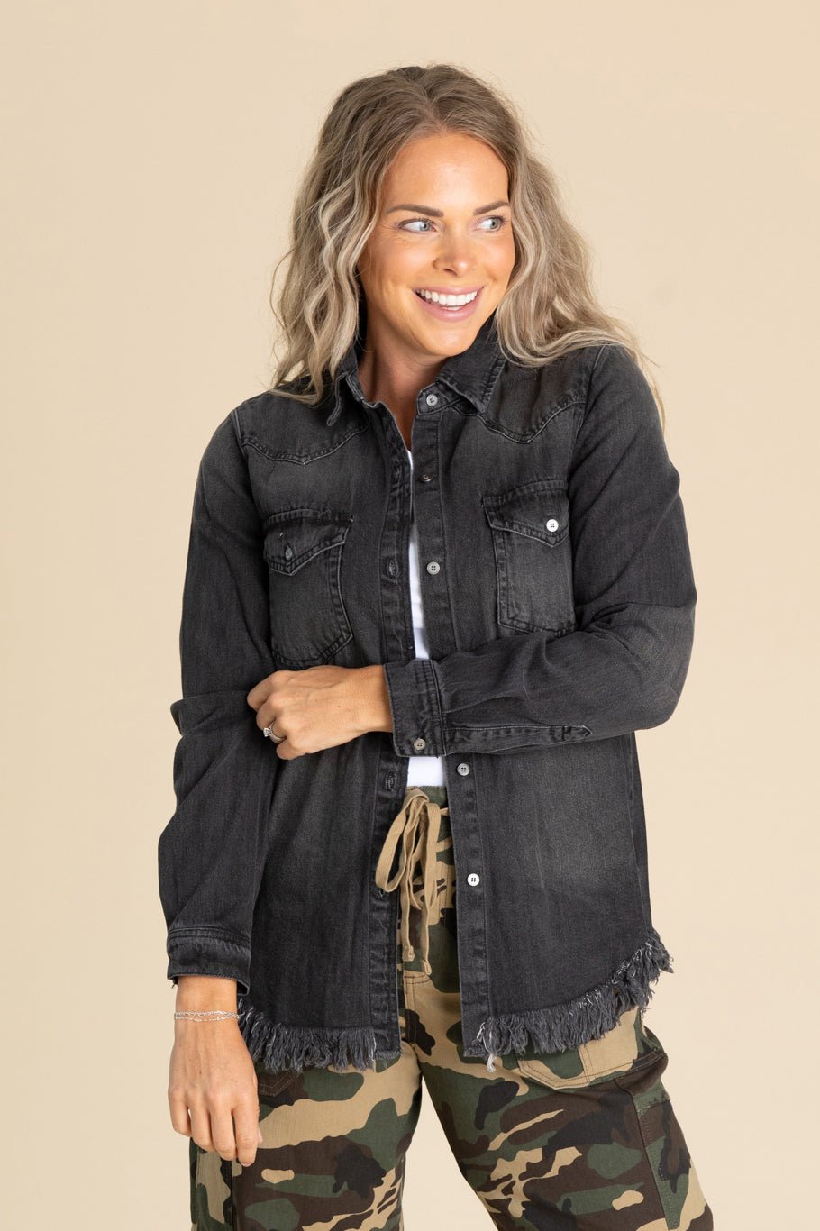 Black Frayed Hem Denim Button Up Shirt