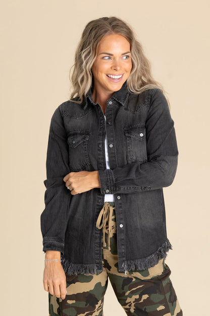 Black Frayed Hem Denim Button Up Shirt