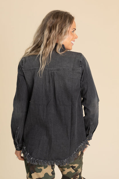 Black Frayed Hem Denim Button Up Shirt