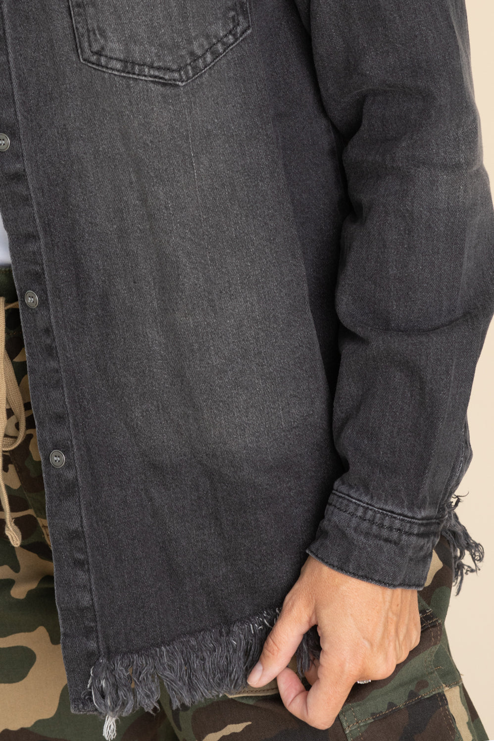 Black Frayed Hem Denim Button Up Shirt