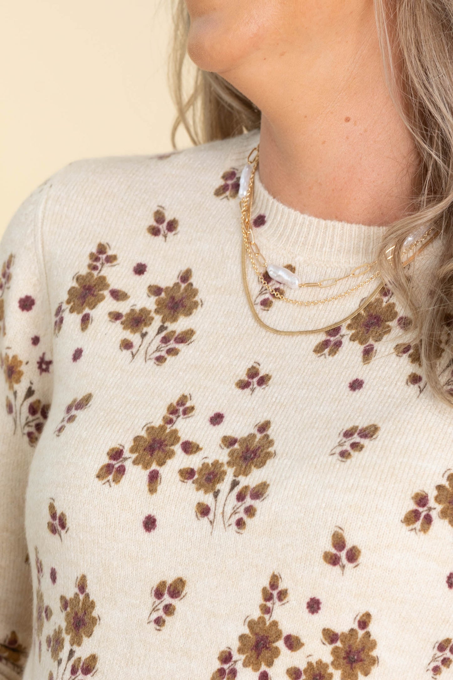 Beige Flower Print Crewneck Knit Sweater