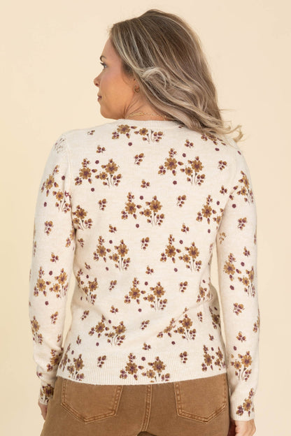 Beige Flower Print Crewneck Knit Sweater
